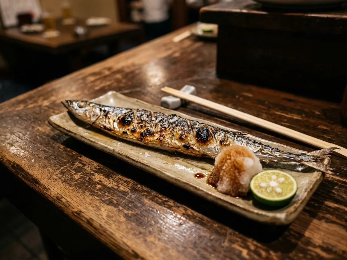 大根おろしとすだちを添えた、秋刀魚の塩焼きの写真(AIで作成したイメージ)